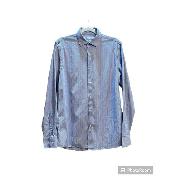 Zara Men's Blue Stripe Slim Fit Button Up Shirt Cotton Collared Soft Size M - Picture 1 of 5